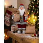 MagicHome karácsonyi dekoráció, Mikulás táskával és karácsonyfával, 6 melegfehér LED, 30 cm