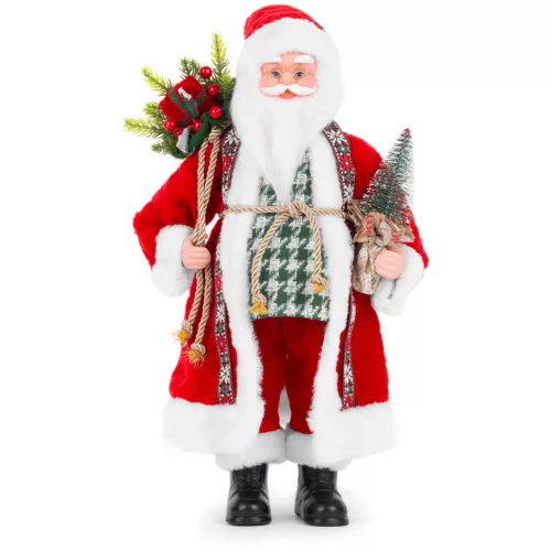MagicHome karácsonyi dekoráció, Mikulás egy zsák ajándékkal és karácsonyfával, kerámia, 46 cm