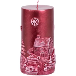   Gyertya MagicHome Karácsonyi, 7x12,5 cm, henger alakú, piros, 3D tájképpel