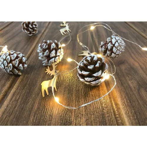 Füzér MagicHome Karácsonyi Fenyő, 20x meleg fehér LED, havas tobozokkal, 2xAA, folyamatos világítás,
