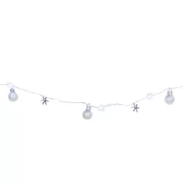  Füzér MagicHome Karácsonyi Gömb, 20x hideg fehér LED, gömbökkel és hópelyhekkel, ezüst, 2xAA, folyam