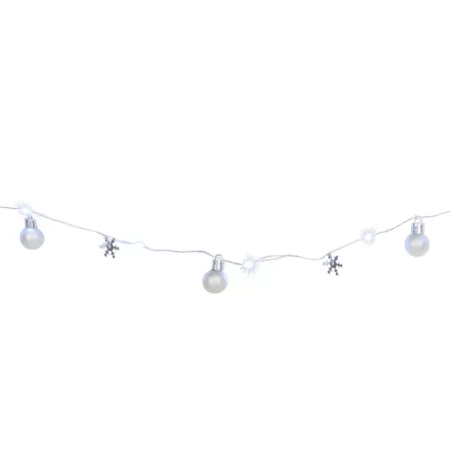 Füzér MagicHome Karácsonyi Gömb, 20x hideg fehér LED, gömbökkel és hópelyhekkel, ezüst, 2xAA, folyam