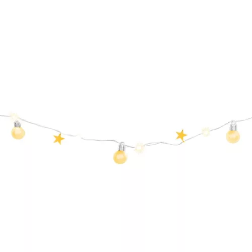 Füzér MagicHome Karácsonyi Gömb, 20x meleg fehér LED, gömbökkel és csillagokkal, arany, 2xAA, folyam