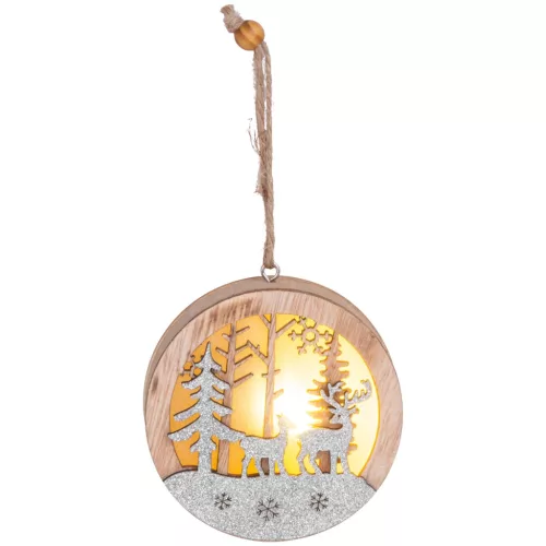 MagicHome karácsonyi dekoráció, Szarvas gömbben, LED, felfüggeszthető, MDF, 8,5 x 2 x 8,5 cm