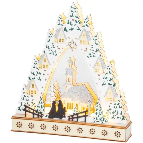 MagicHome karácsonyi dekoráció, falu tempolmmal, 9 db melegfehér LED, 2 db AA elemmel működő, 16,5 x 14 x 30 cm, beltéri