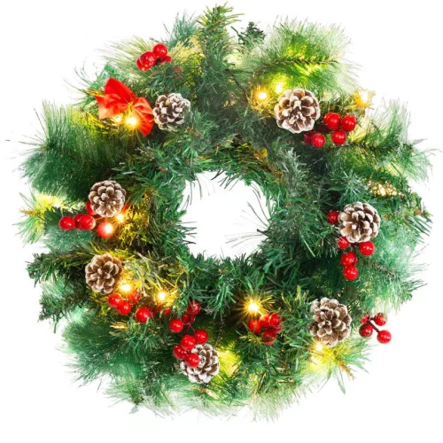 MagicHome karácsonyi koszorú, natúr, fenyőtobozokkal, 20 LED, melegfehér, 3x AA, 8 funkció, 30 cm