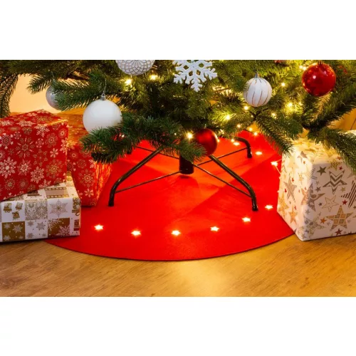 MagicHome karácsonyi dekoráció, szőnyeg csillagokkal, 22 db melegfehér LED, 2 db AA elemmel működő, 90 cm, piros, beltéri