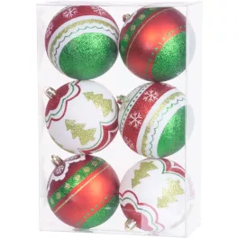   Gömbök MagicHome Karácsony, 6 db, piros - zöld, dekorációval, karácsonyfára, 8 cm