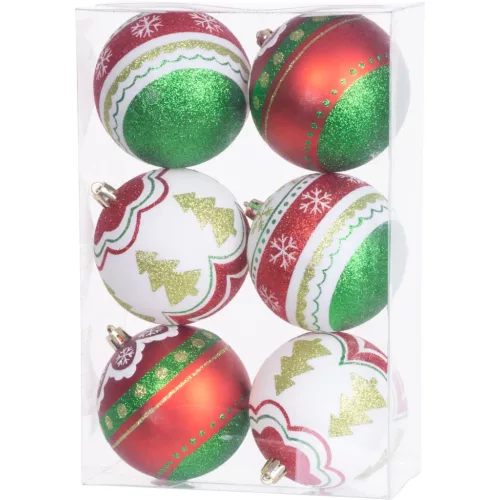 Gömbök MagicHome Karácsony, 6 db, piros - zöld, dekorációval, karácsonyfára, 8 cm