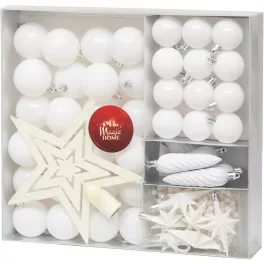   MagicHome karácsonyi gömbök, készlet, 50 db, 4-5 cm, fehér, csillag, füzér, toboz, karácsonyfára