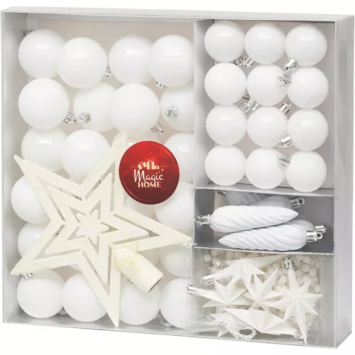 MagicHome karácsonyi gömbök, készlet, 50 db, 4-5 cm, fehér, csillag, füzér, toboz, karácsonyfára