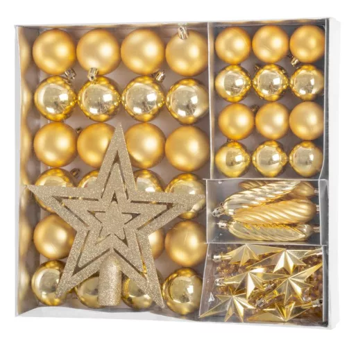 MagicHome karácsonyi gömbök, készlet, 50 db, 4-5 cm, arany, csillag, füzér, toboz, karácsonyfára