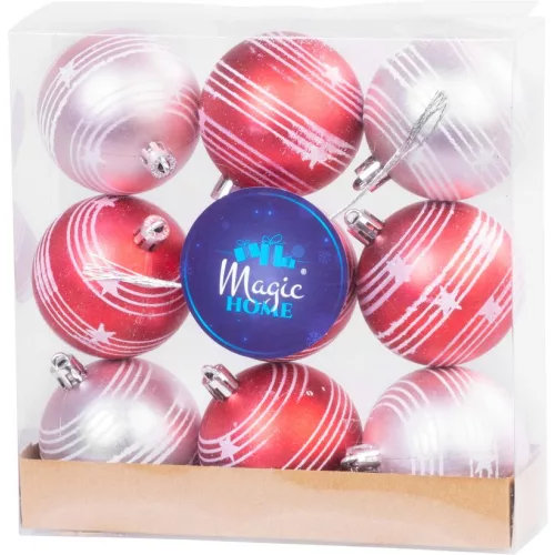 Gömbök MagicHome Karácsony, 9 db, piros-rózsaszín, matt, dekorációval, karácsonyfára, 6 cm