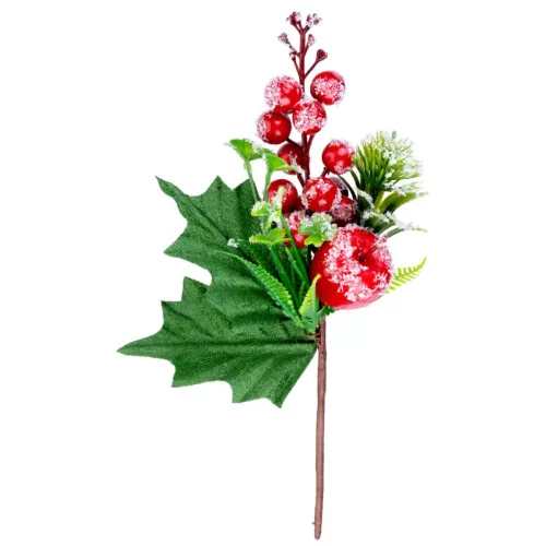 Ág MagicHome Karácsony, bogyókkal és almával, piros, fagyhatás, 22 cm
