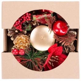   Gyertyatartó MagicHome Karácsonyi, fenyőággal és virággal, természetes, 15 cm