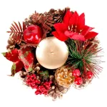 Gyertyatartó MagicHome Karácsonyi, fenyőággal és virággal, természetes, 15 cm