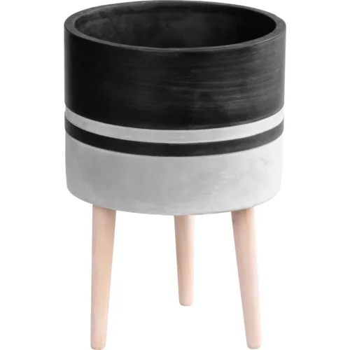 Kerámia virágcserép, MagicHome, világosszürke/sötétszürke, átmérő: 22 cm, magasság: 31 cm, fa lábakkal, hengeres, kerek