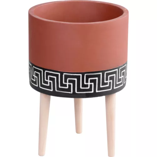 Kerémia virágcserép, MagicHome, terrakotta/fekete, átmérő: 22 cm, magasság: 31 cm, fa lábakkal, hengeres, kerek