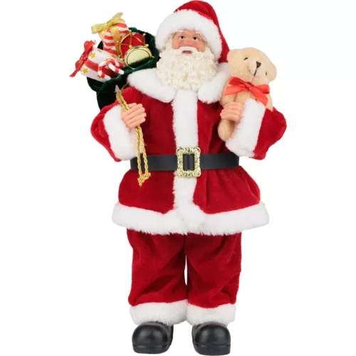MagicHome karácsonyi dekoráció, Mikulás ajándékokkal és macival, piros, 30 cm