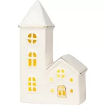 Dekoráció MagicHome, Házikó templommal, LED, fehér, porcelán, 11,2x5,5x17,4 cm