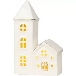   Dekoráció MagicHome, Házikó templommal, LED, fehér, porcelán, 11,2x5,5x17,4 cm