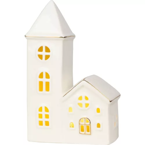 Dekoráció MagicHome, Házikó templommal, LED, fehér, porcelán, 11,2x5,5x17,4 cm
