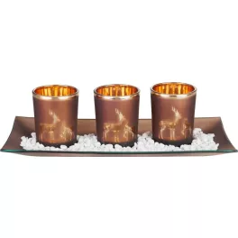   Karácsonyi gyertyatartó, MagicHome Vianoce, 26 x 12 x 7 cm, rézszínű, tálcás, teamécsesekhez, 5, 5 x 6, 5 cm gyertyákhoz, minimalista dizájn (8091732)