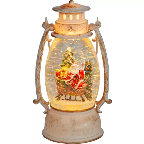 Lámpás MagicHome Karácsonyi Retro, LED meleg fehér, szánon ülő Mikulással, csillámmal, fehér, 3xAA,
