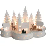 MagicHome karácsonyi dekoráció, falu szarvasokkal, 10 melegfehér LED, MDF, 30 x 14 x 19,5 cm