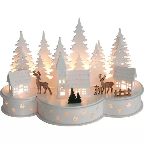 MagicHome karácsonyi dekoráció, falu szarvasokkal, 10 melegfehér LED, MDF, 30 x 14 x 19,5 cm