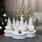 MagicHome karácsonyi dekoráció, falu szarvasokkal, 10 melegfehér LED, MDF, 30 x 14 x 19,5 cm