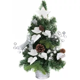 MagicHome műfenyő, díszített, ezüst, levelekkel, 40 cm