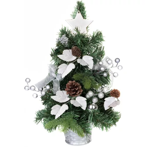 MagicHome műfenyő, díszített, ezüst, levelekkel, 40 cm
