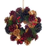 Koszorú, MagicHome Vianoce, 24 cm, piros-kék, akasztható, kézzel díszített, tobozokkal és díszgömbökkel