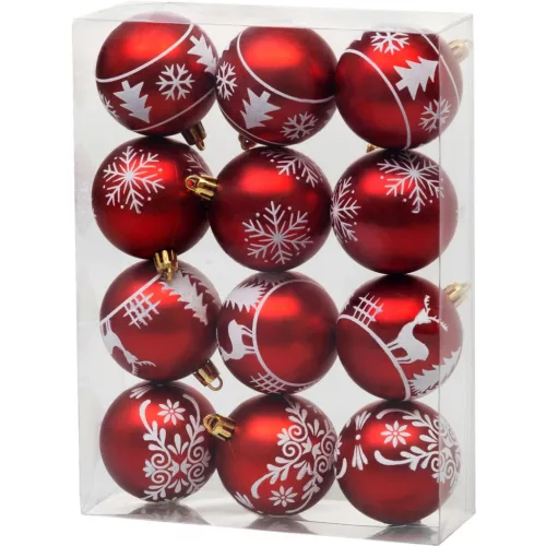 Gömbök MagicHome Karácsony, 12 db, 6 cm, piros fehér ornamentikával, karácsonyfára