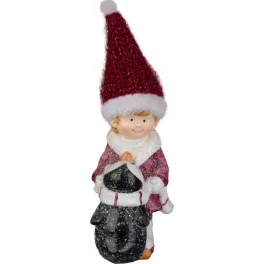   MagicHome karácsonyi dekoráció, fiú figura pingvinnel, dekoratív anyag, 9,3 x 6,3 x 22,5 cm, piros-fehér
