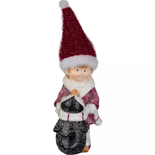 MagicHome karácsonyi dekoráció, fiú figura pingvinnel, dekoratív anyag, 9,3 x 6,3 x 22,5 cm, piros-fehér