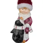 MagicHome karácsonyi dekoráció, fiú figura pingvinnel, dekoratív anyag, 9,3 x 6,3 x 22,5 cm, piros-fehér