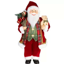   MagicHome karácsonyi dekoráció, Mikulás ajándékokkal és macival, piros-kockás, 46 cm