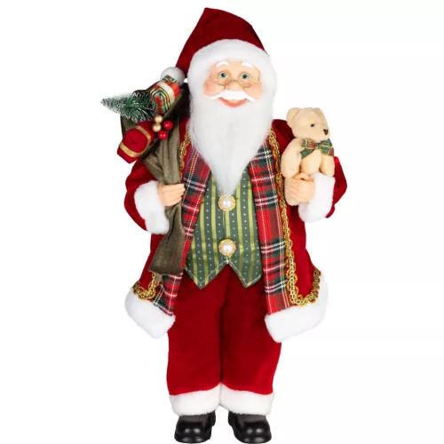 MagicHome karácsonyi dekoráció, Mikulás ajándékokkal és macival, piros-kockás, 46 cm