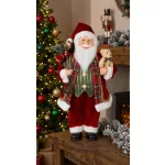 MagicHome karácsonyi dekoráció, Mikulás ajándékokkal és macival, piros-kockás, 46 cm