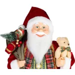 MagicHome karácsonyi dekoráció, Mikulás ajándékokkal és macival, piros-kockás, 46 cm