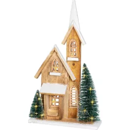   MagicHome karácsonyi dekoráció, templom, 24 x 9 x 42 cm, natúr fa fehér részletekkel, 15 LED-es világítás időzítővel, elemes