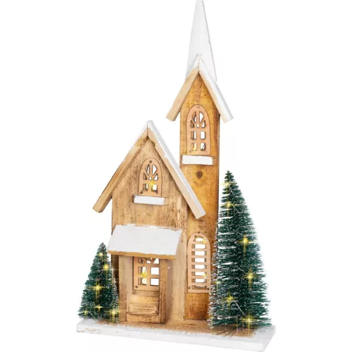 MagicHome karácsonyi dekoráció, templom, 24 x 9 x 42 cm, natúr fa fehér részletekkel, 15 LED-es világítás időzítővel, elemes