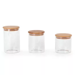   Pola 3db-os üveg tárolóedény szett fa fedéllel - 680/800/1000 ml