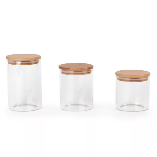 Pola 3db-os üveg tárolóedény szett fa fedéllel - 680/800/1000 ml