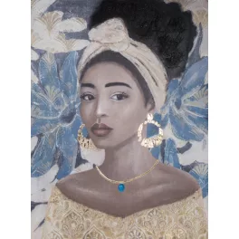   Női portrét ábrázoló kézzel festett kollázs falikép 506 Kék/arany 90x120 cm