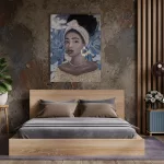 Női portrét ábrázoló kézzel festett kollázs falikép 506 Kék/arany 90x120 cm