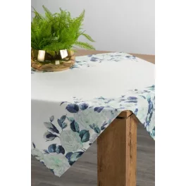   Tavaszi hangulatú asztalterítő fehér rózsákkal Fehér/kék 85x85 cm