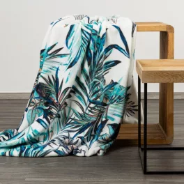   Pilar plüss takaró egzotikus levélmintával Fehér/türkiz/gránátkék 150x200 cm